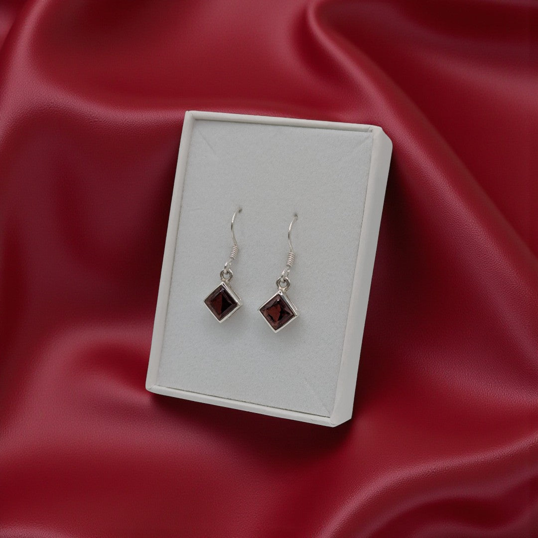 Sterling Silver Garnet Diamond Shape Drop Earrings 1.1"