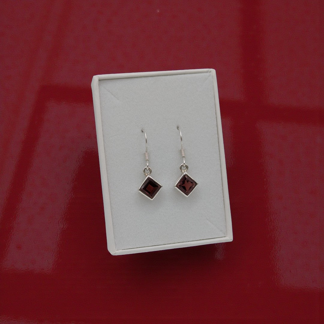 Sterling Silver Garnet Diamond Shape Drop Earrings 1.1"
