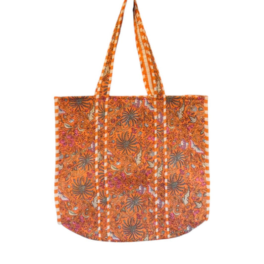 Hand Block Printed Orange Tote Bag With A Floral And Butterfly Design