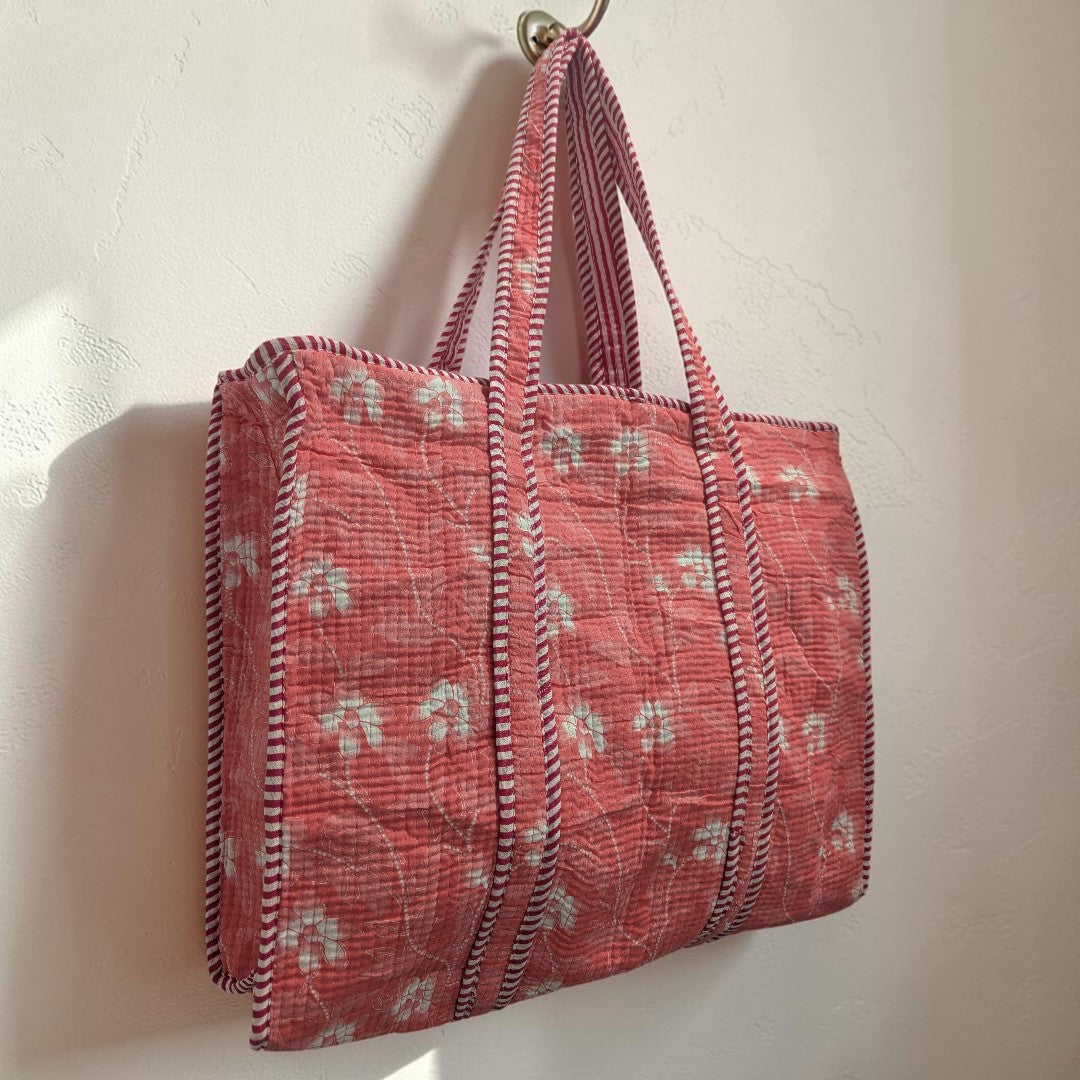Bright Light Pink & White Floral Hand Block Printed Cotton Tote Bag