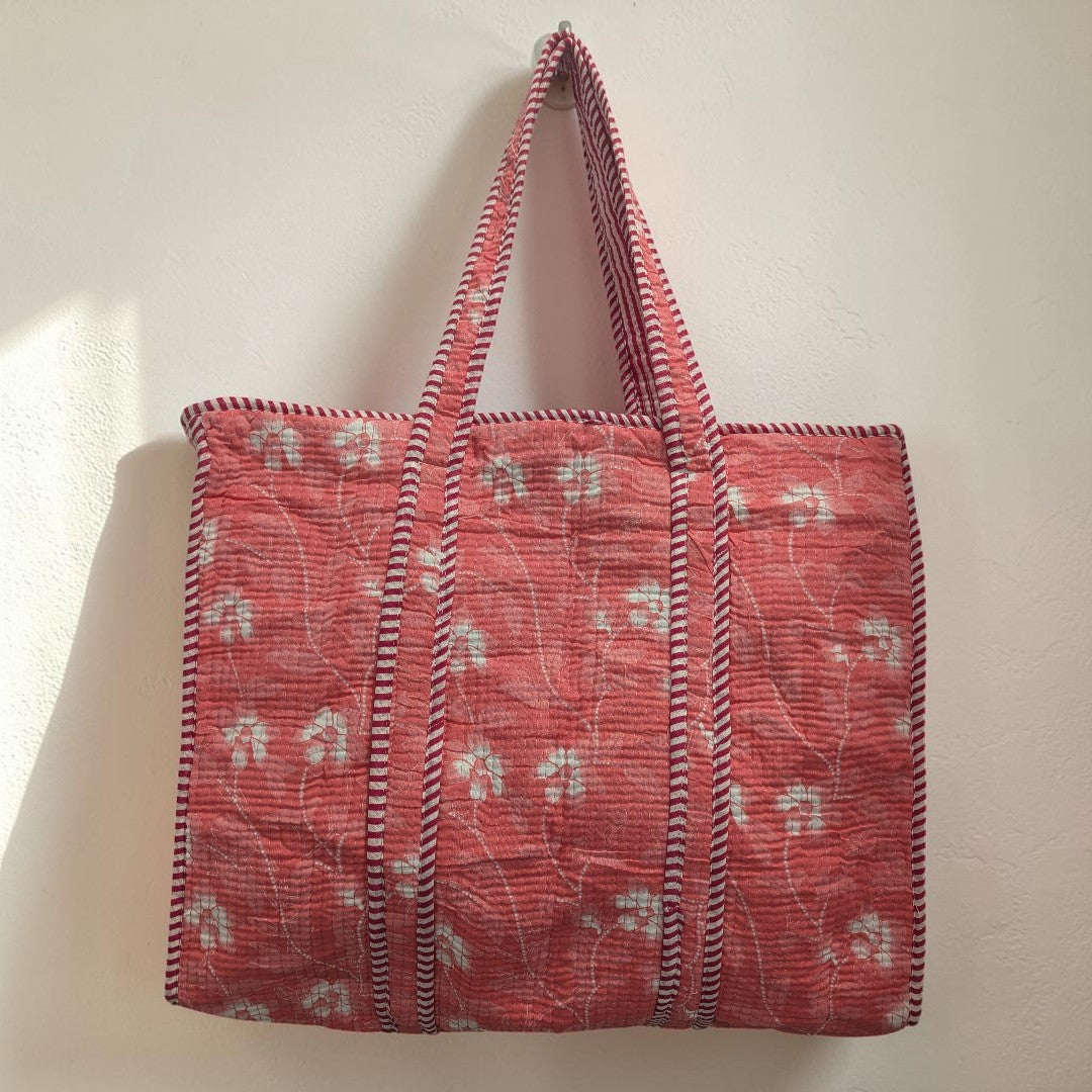 Bright Light Pink & White Floral Hand Block Printed Cotton Tote Bag