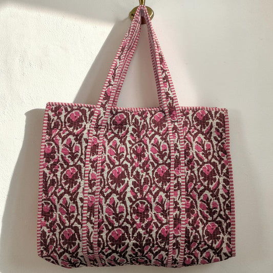 Fuchsia & White Hand Block Printed Cotton Tote Bag