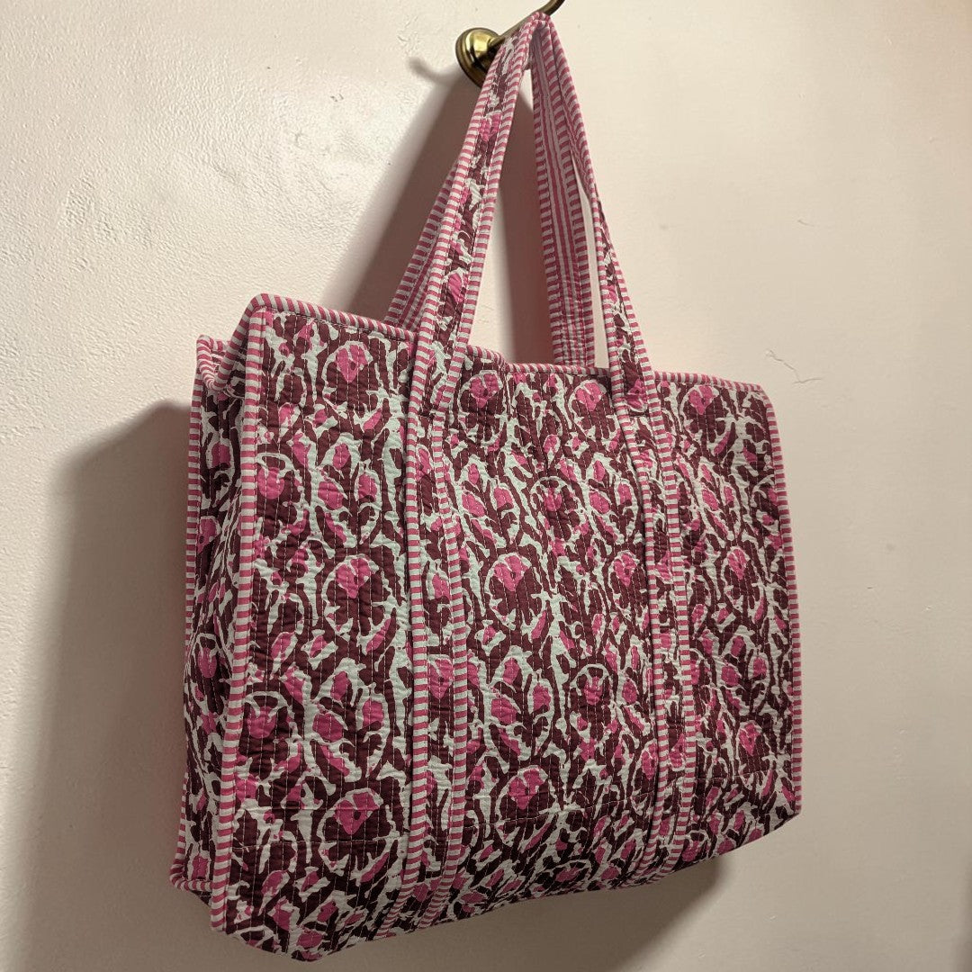 Fuchsia & White Hand Block Printed Cotton Tote Bag