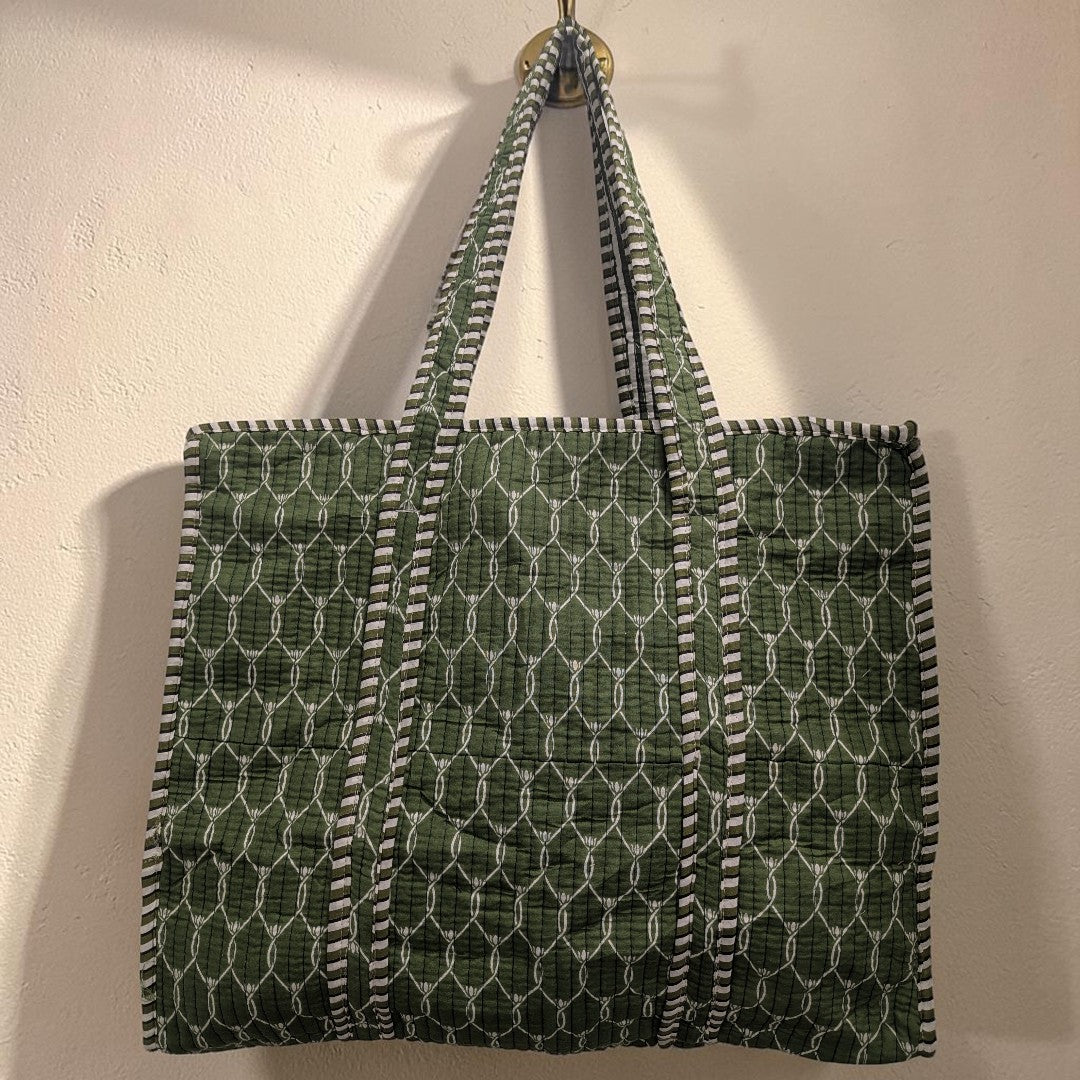 Green Geometric Print Hand Block Printed Cotton Tote Bag