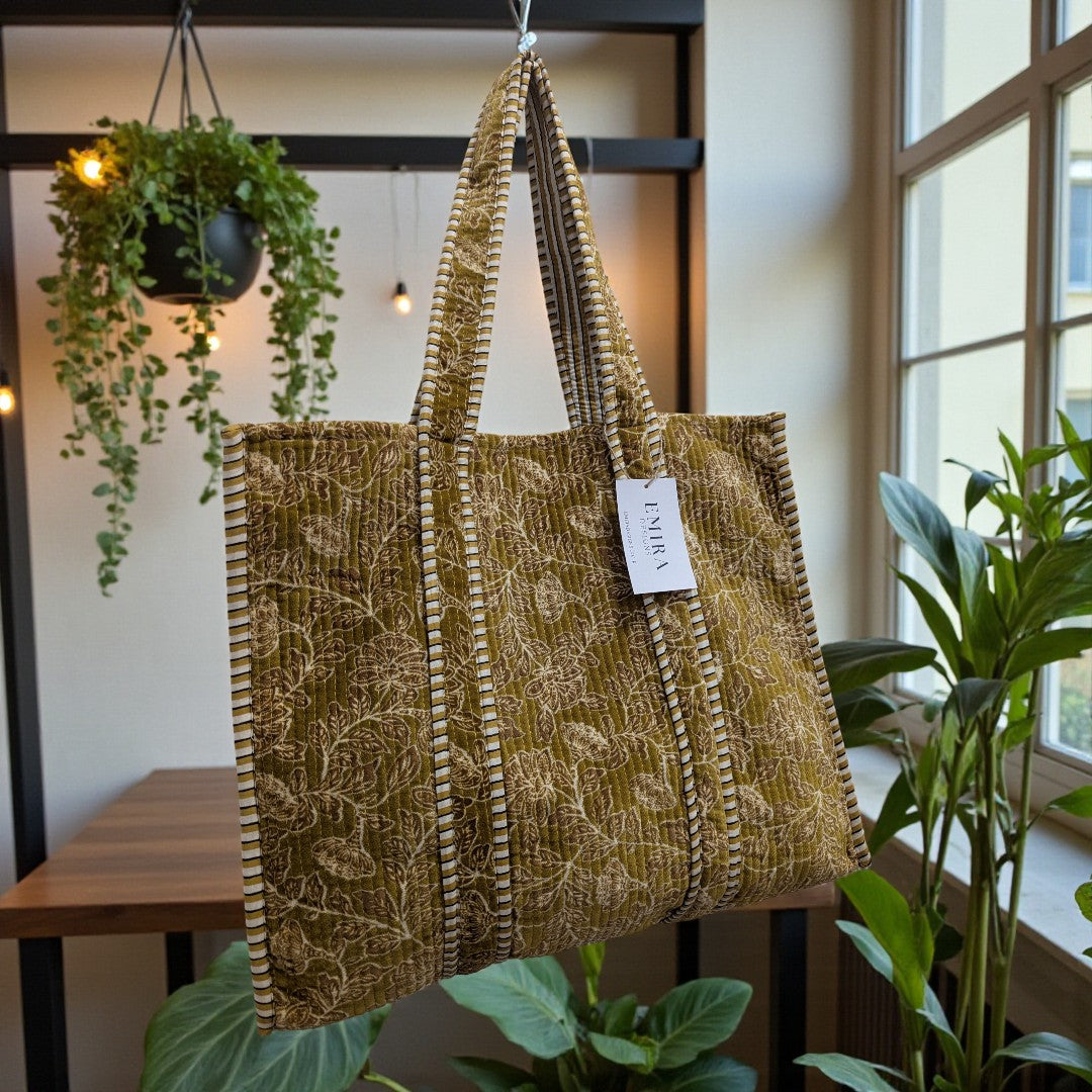 Gold Velvet Hand Block Printed Tote Bag