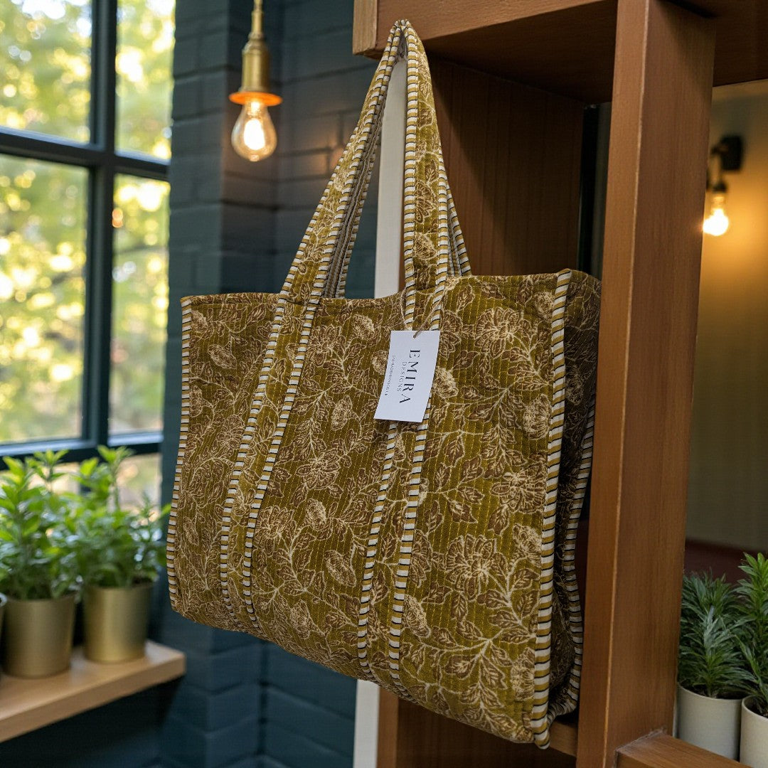 Gold Block Print Velvet Tote Bag