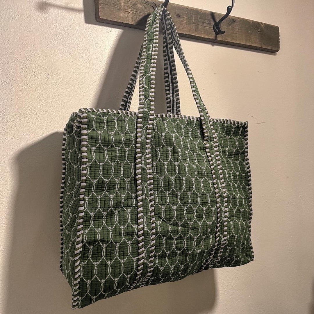 Green Geometric Print Hand Block Printed Cotton Tote Bag
