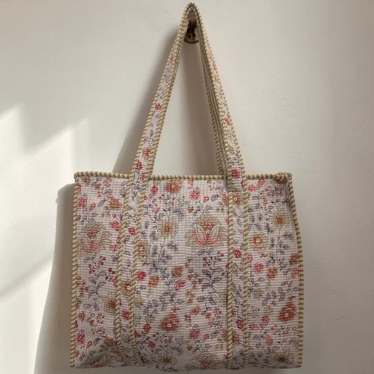 Light Purple Floral Print Hand Block Printed Cotton Tote Bag
