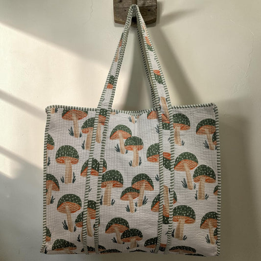 White, Green & Orange Mushroom Print Hand Block Printed Cotton Tote Bag