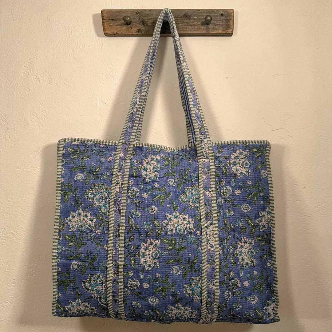 Powder Blue, Green & White Floral Hand Block Printed Cotton Tote Bag