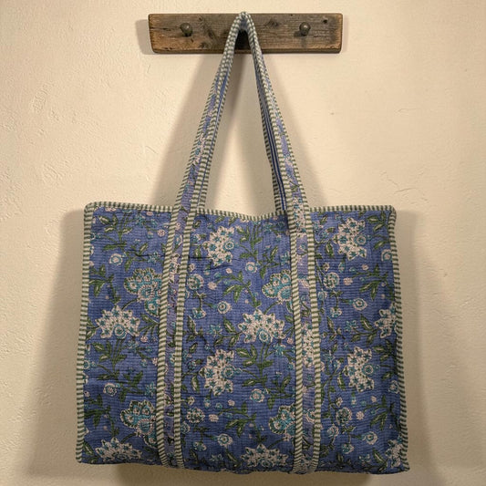 Powder Blue, Green & White Floral Hand Block Printed Cotton Tote Bag