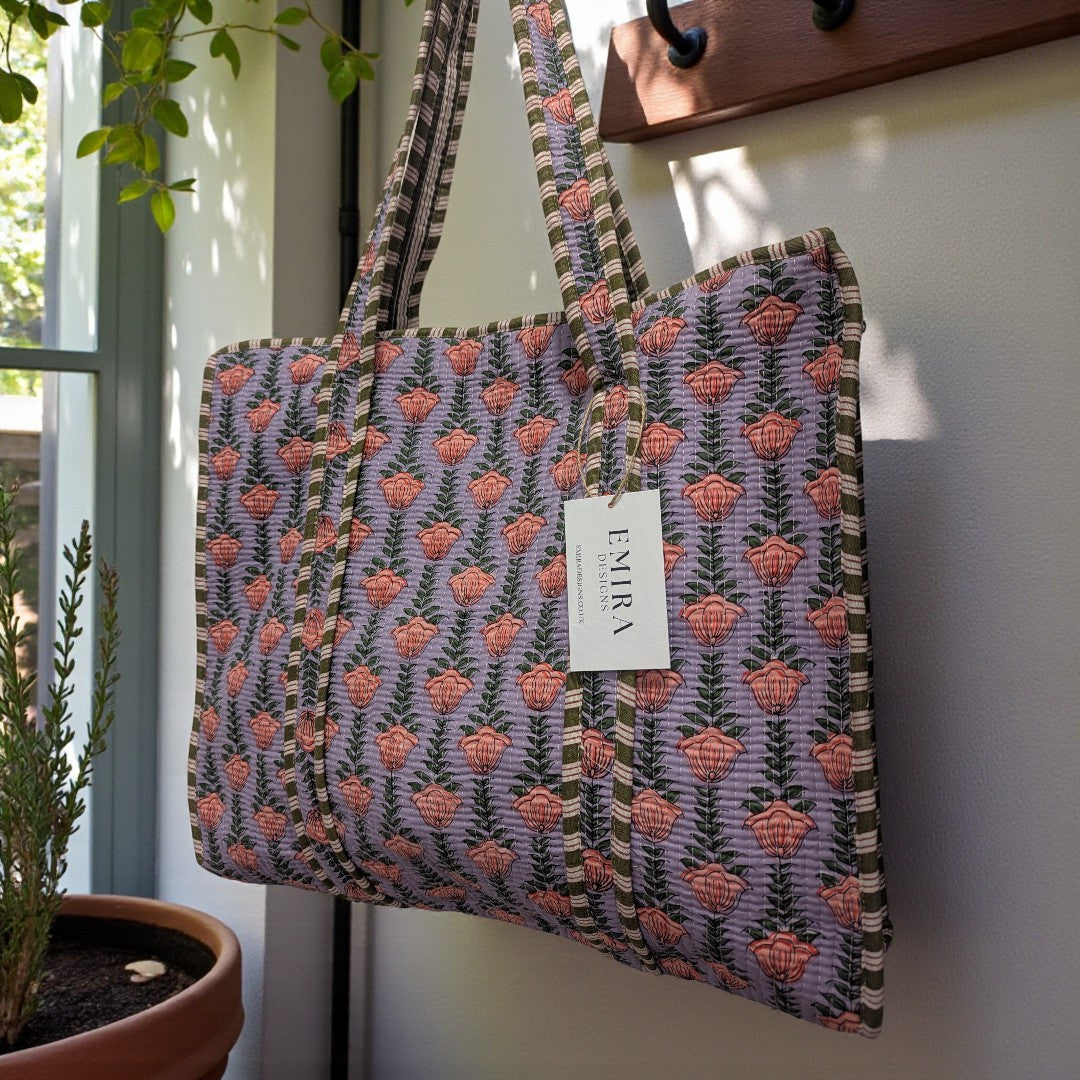 Purple cotton block print tote bag