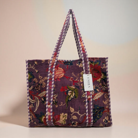 Purple velvet block print tote bag