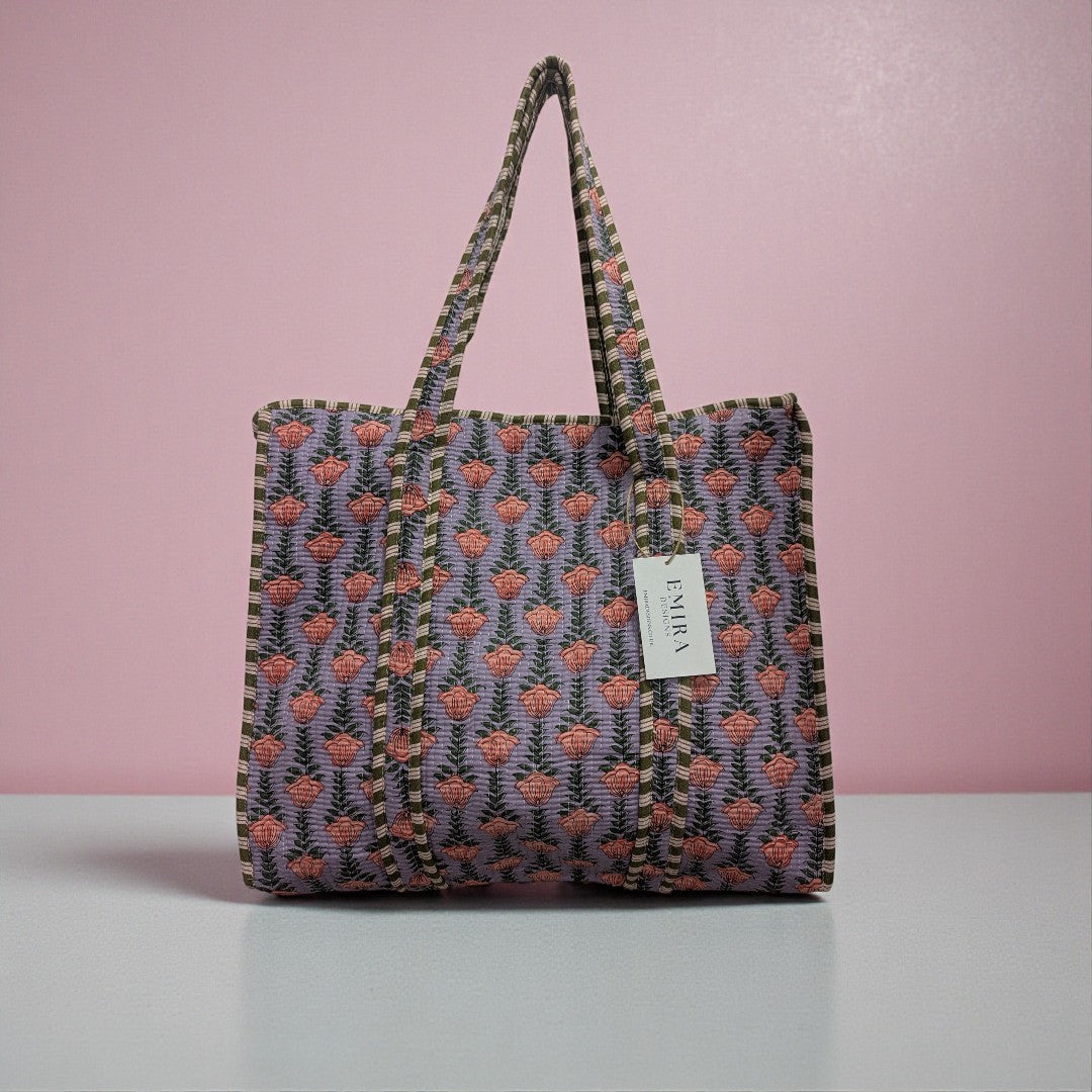 Purple cotton block print tote bag