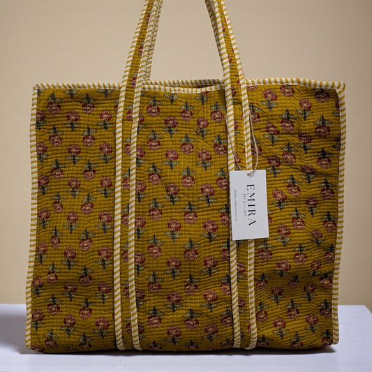 Mustard Yellow Floral Hand Block Printed Cotton Tote Bag