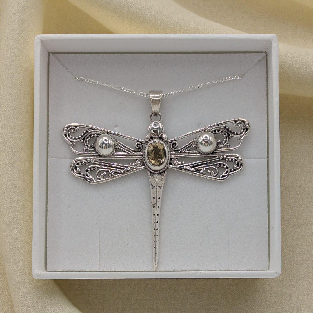 Sterling Silver Emira Citrine Large Dragonfly Necklace