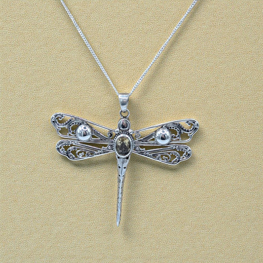 Sterling Silver Emira Citrine Large Dragonfly Necklace