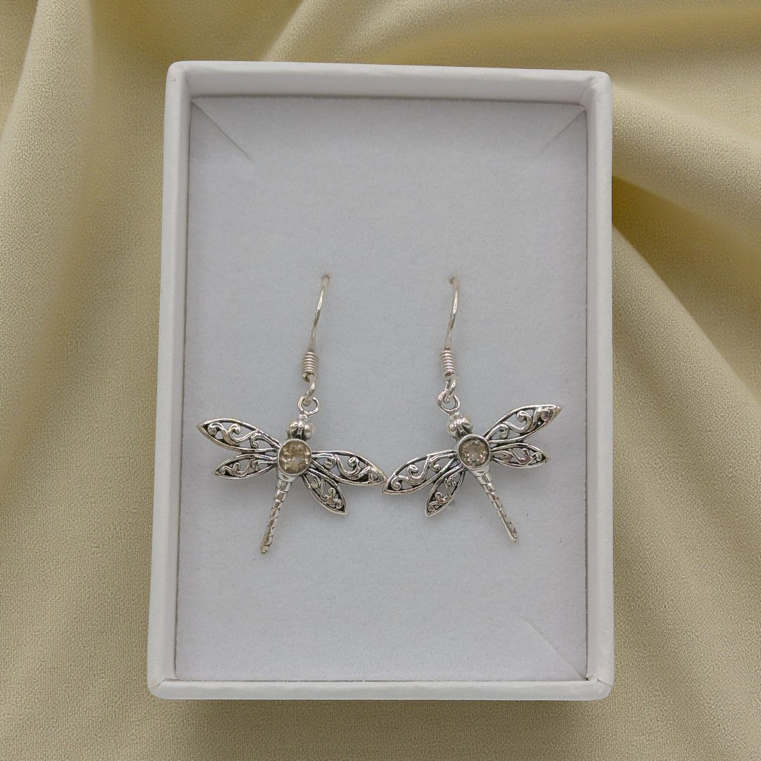 Sterling Silver Emira Dragonfly Citrine Drop Earrings 1.5"