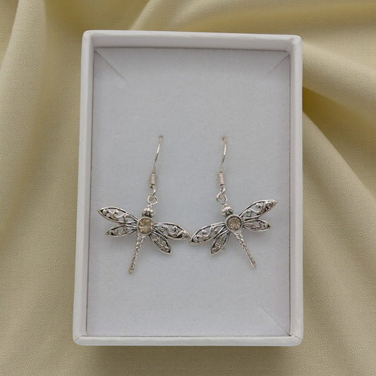 Sterling Silver Emira Dragonfly Citrine Drop Earrings 1.5"