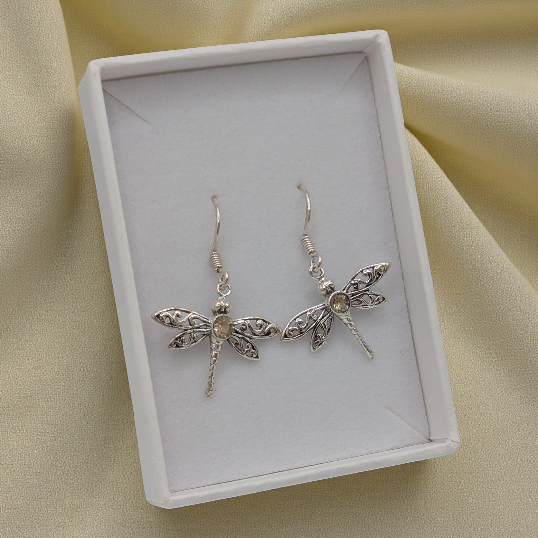 Sterling Silver Emira Dragonfly Citrine Drop Earrings 1.5"