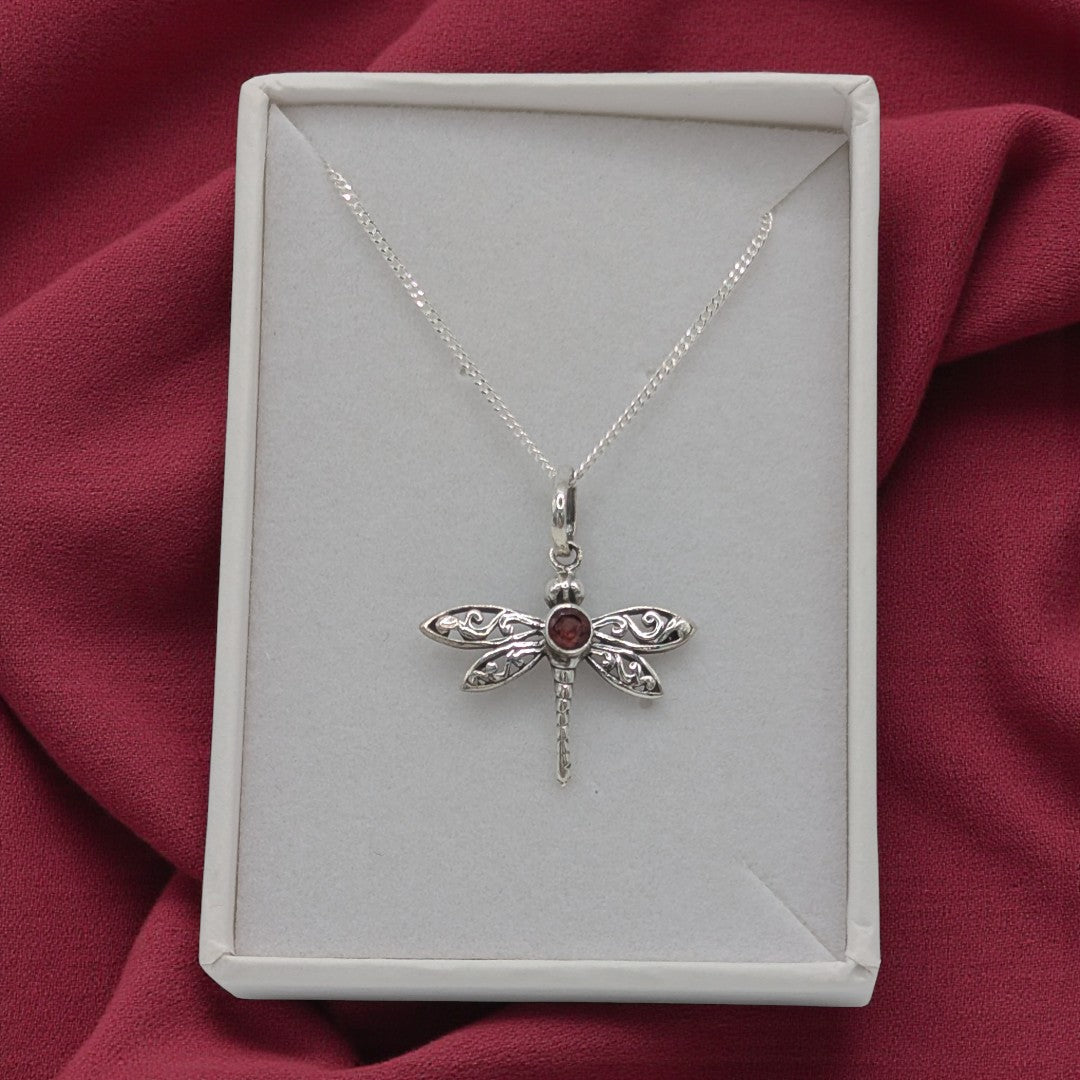 Sterling Silver Emira Garnet Small Dragonfly Necklace