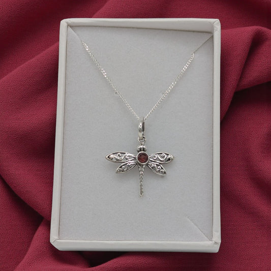 Sterling Silver Emira Garnet Small Dragonfly Necklace