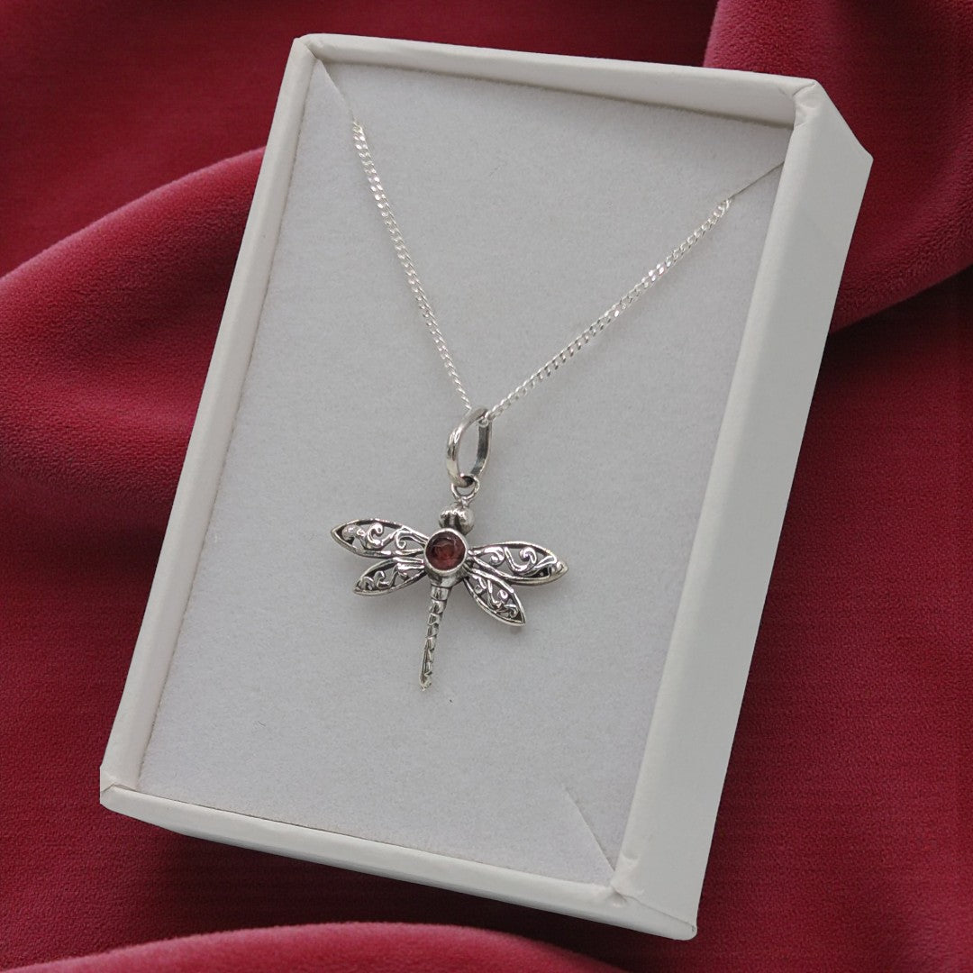 Sterling Silver Emira Garnet Small Dragonfly Necklace