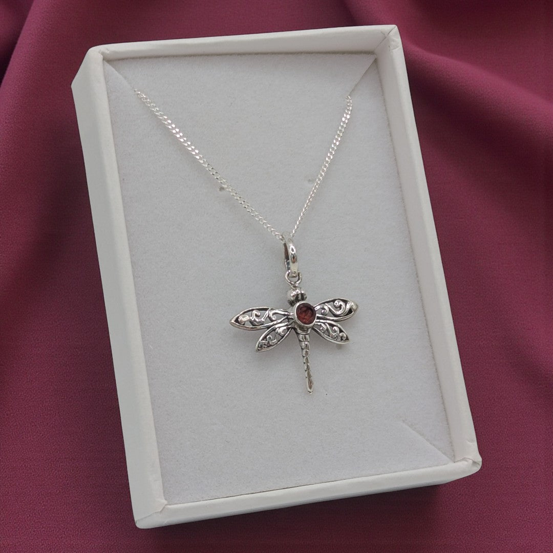 Sterling Silver Emira Garnet Small Dragonfly Necklace