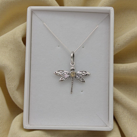 Sterling Silver Emira Citrine Small Dragonfly Necklace