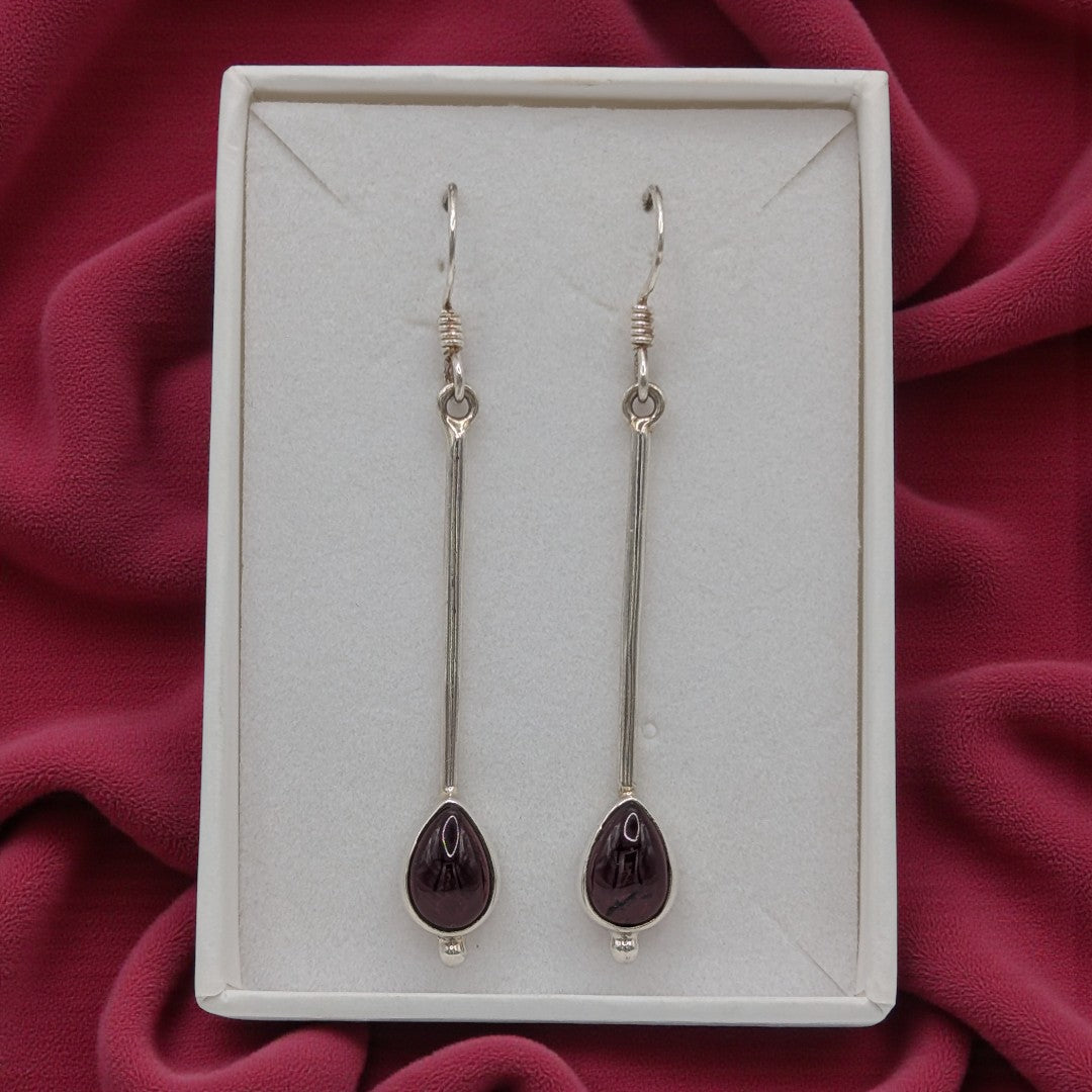 Sterling Silver Garnet Straight Drop Earrings With Tear Drop Shaped Stone 2"