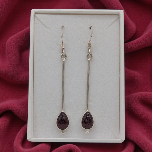 Sterling Silver Garnet Straight Drop Earrings With Tear Drop Shaped Stone 2"