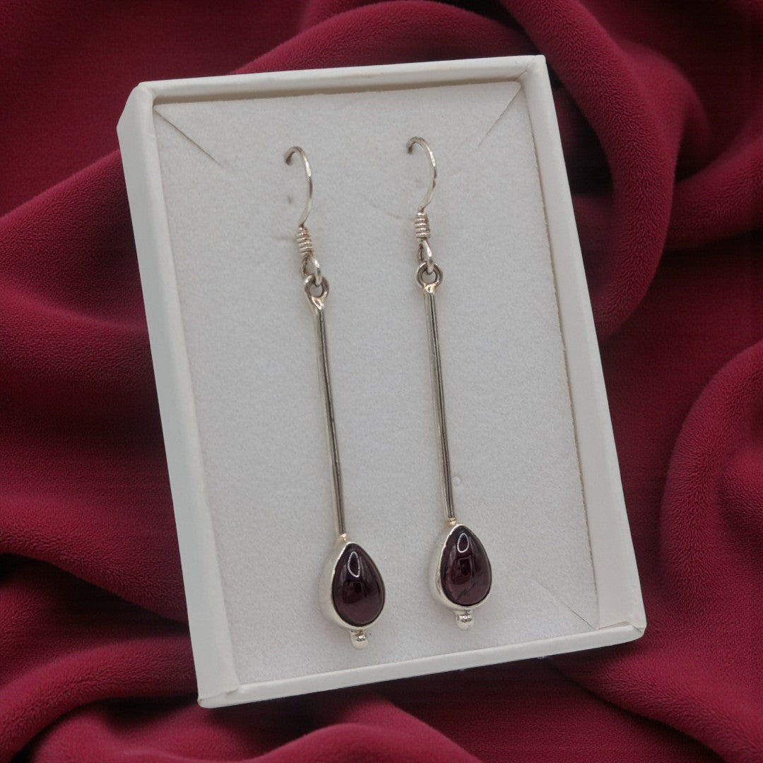 Sterling Silver Garnet Straight Drop Earrings With Tear Drop Shaped Stone 2"