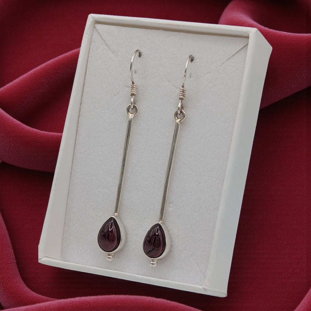 Sterling Silver Garnet Straight Drop Earrings With Tear Drop Shaped Stone 2"