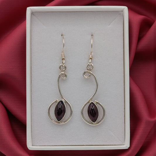 Sterling Silver Garnet Curved Drop Earrings 1.6"