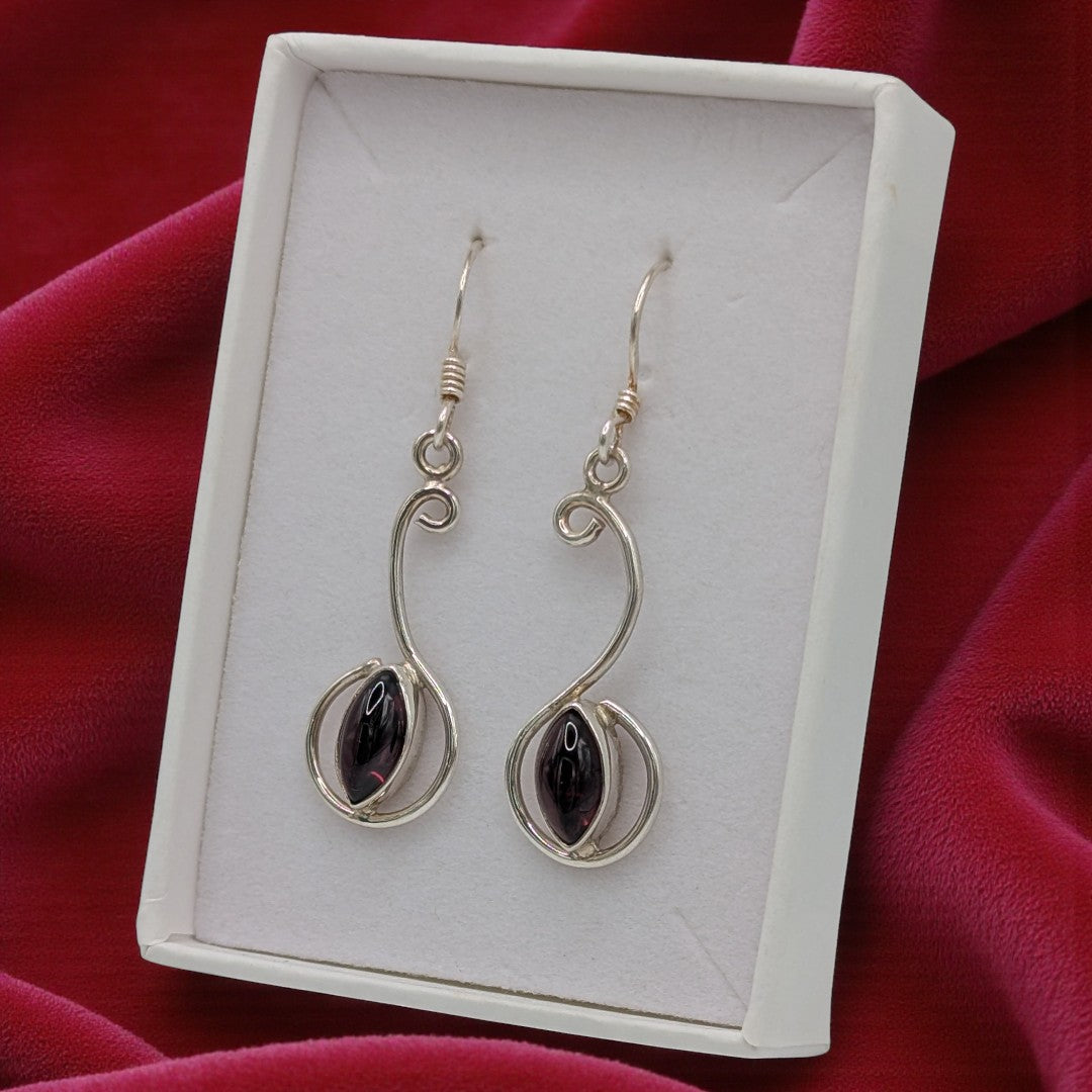 Sterling Silver Garnet Curved Drop Earrings 1.6"