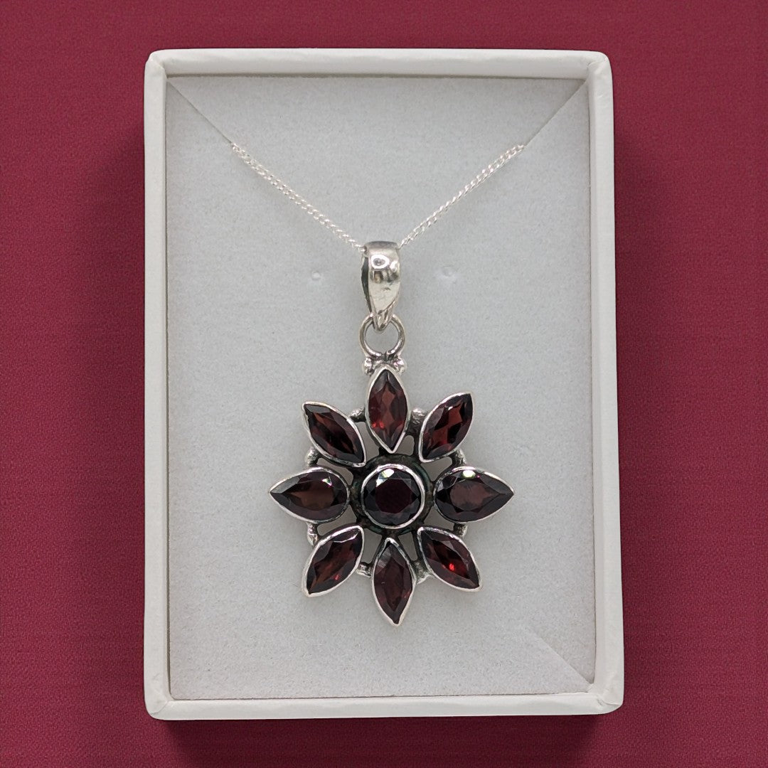 Sterling Silver Emira Garnet Flower Necklace