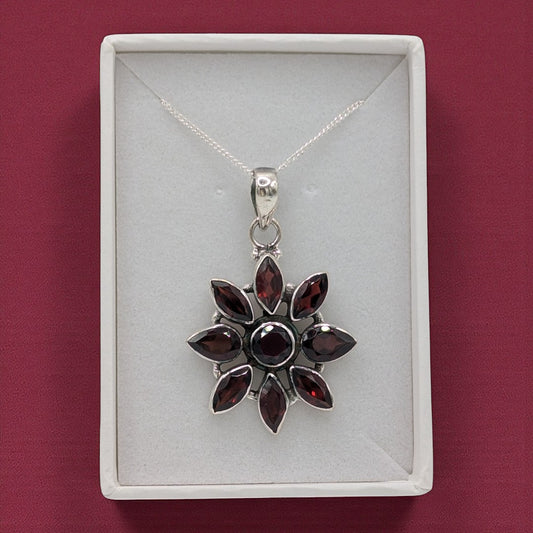 Sterling Silver Emira Garnet Flower Necklace