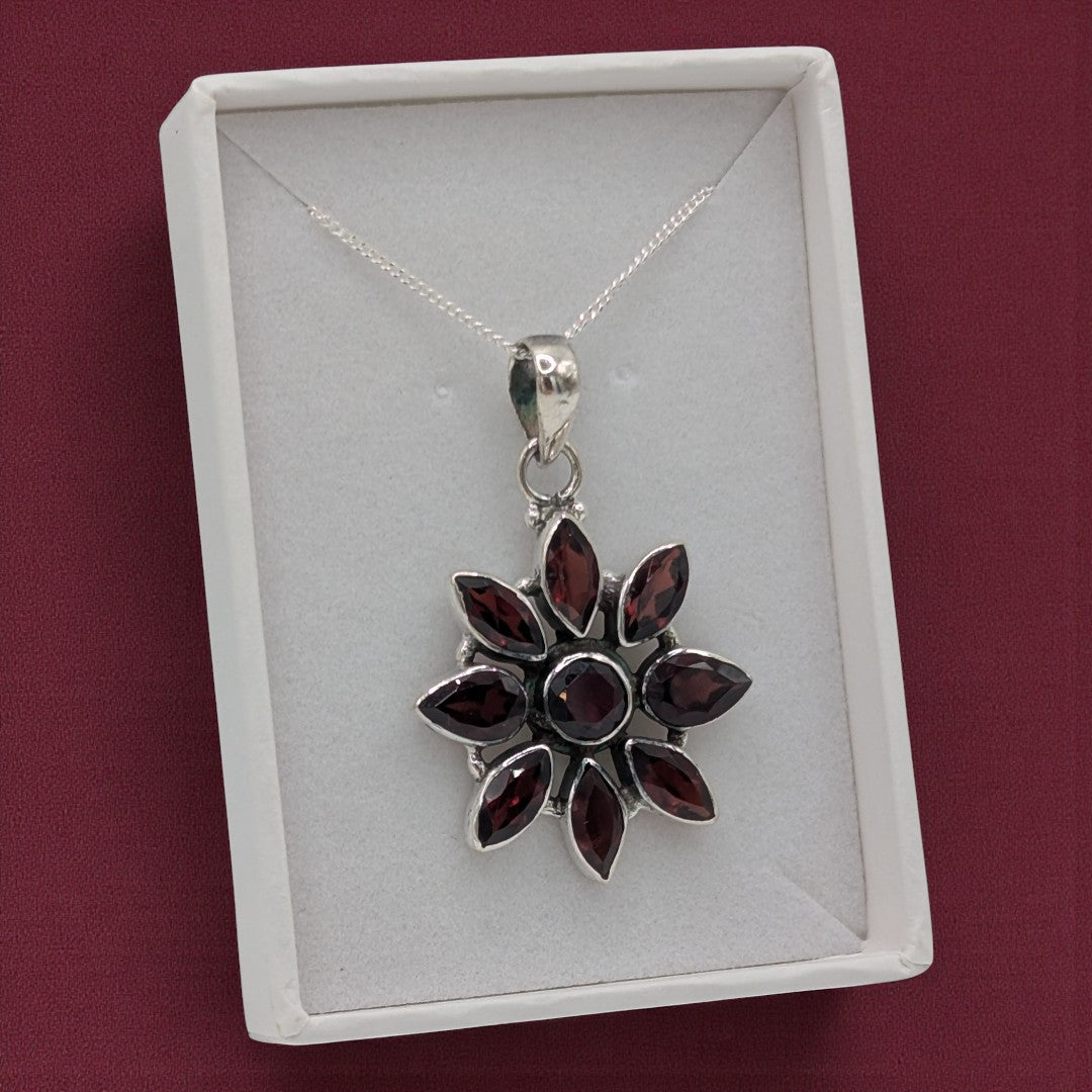 Sterling Silver Emira Garnet Flower Necklace