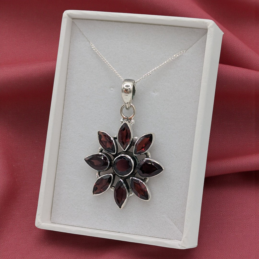 Sterling Silver Emira Garnet Flower Necklace