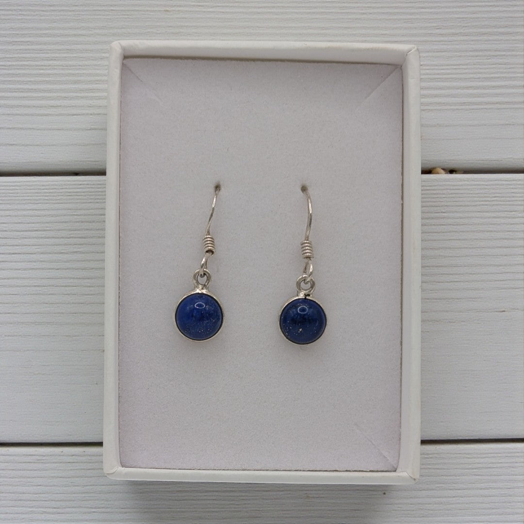 Sterling Silver Lapis Lazuli Round Stone Drop Earrings 1.1"
