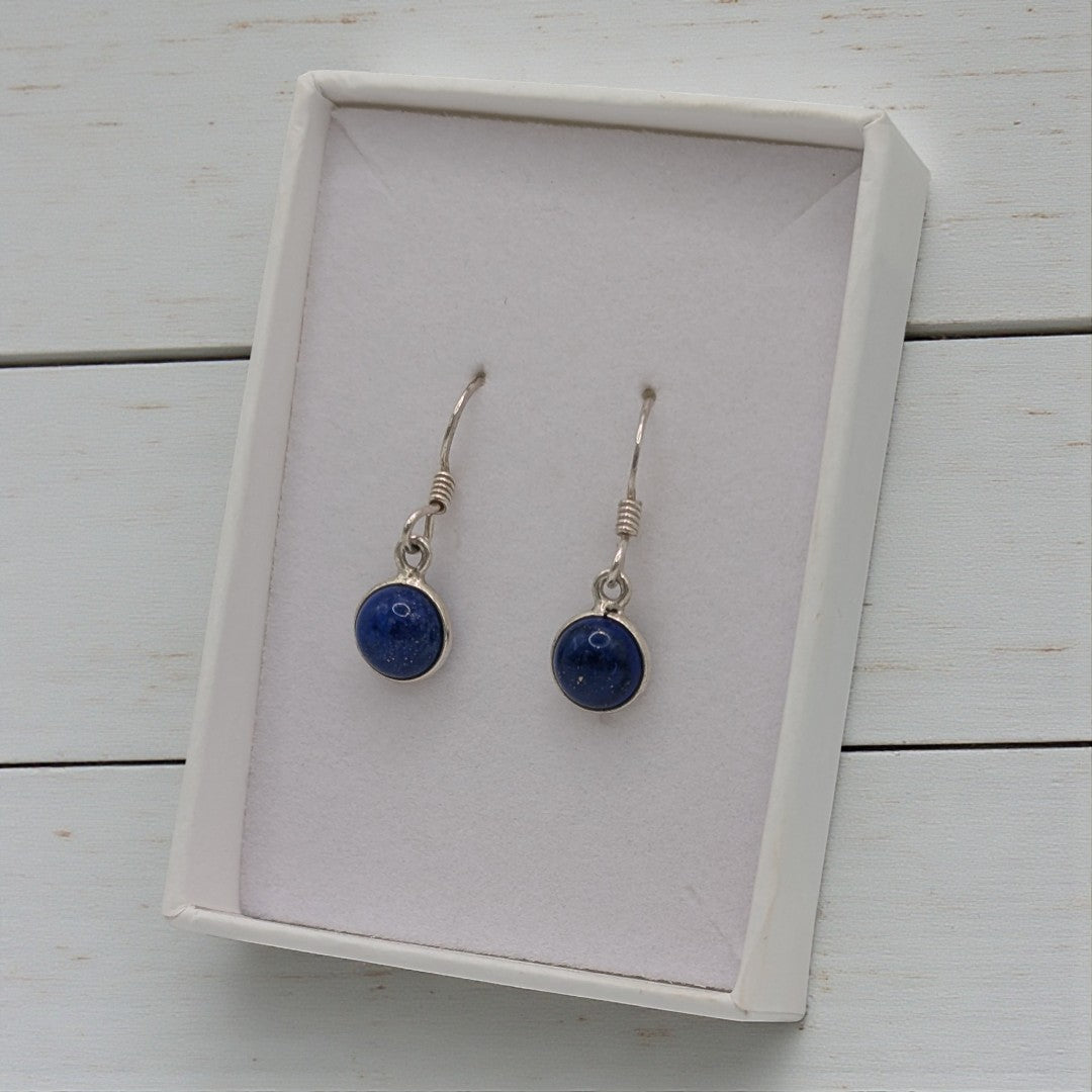 Sterling Silver Lapis Lazuli Round Stone Drop Earrings 1.1"