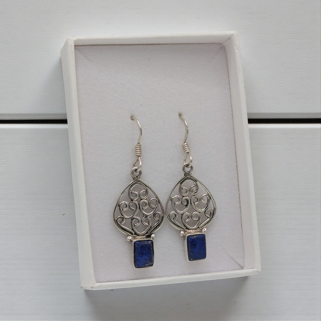 Sterling Silver Lapis Decorative Drop Earrings 1.5"
