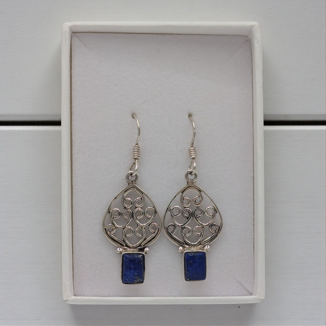 Sterling Silver Lapis Decorative Drop Earrings 1.5"