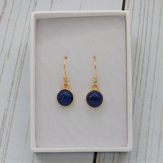 Gold Plated Sterling Silver Emira Lapis Lazuli Round Stone Drop Earrings 1.1"