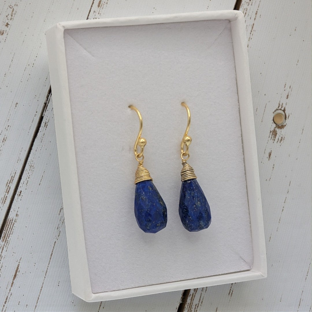 Gold Plated Sterling Silver Emira Lapis Lazuli Wire Wrap Drop Earrings 1.2"