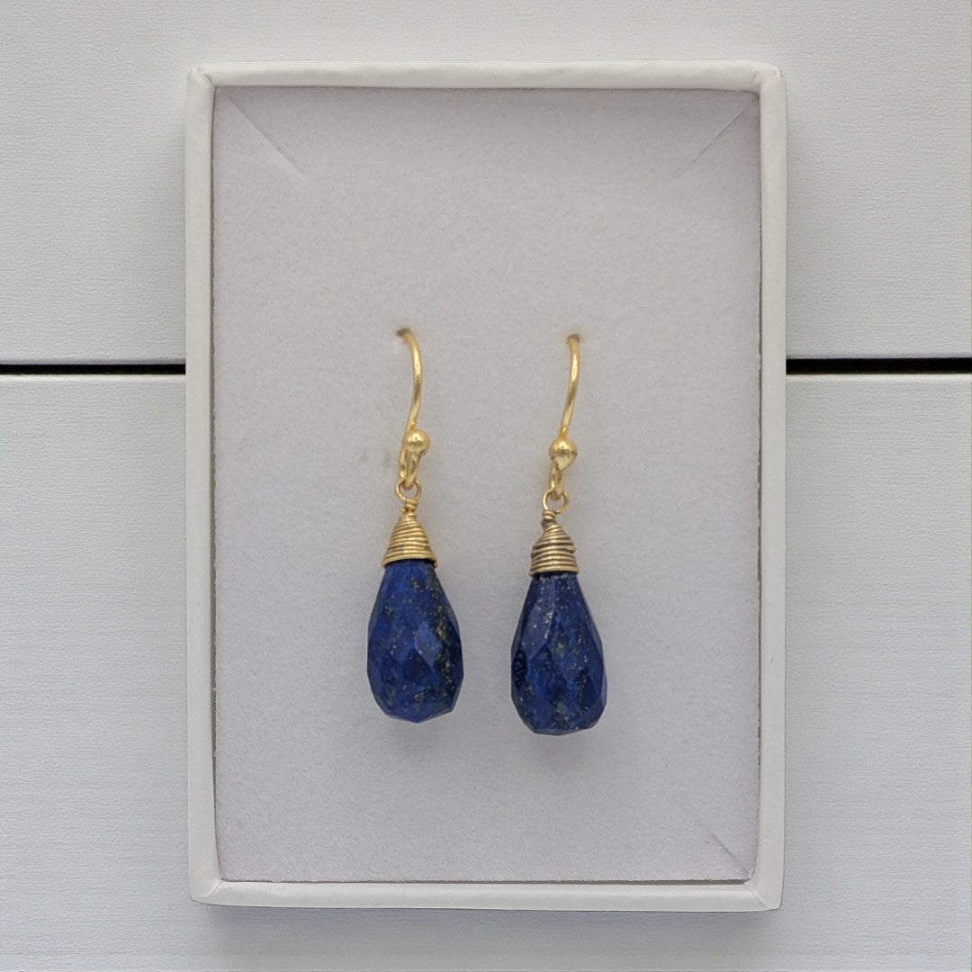 Gold Plated Sterling Silver Emira Lapis Lazuli Wire Wrap Drop Earrings 1.2"