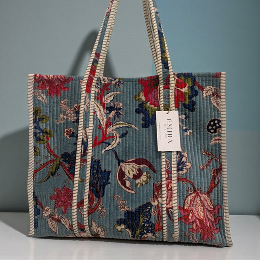 Velvet Dusky Blue Hand Block Printed Cotton Tote Bag