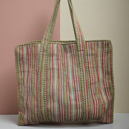 Pink & Green Striped Hand Block Printed Cotton Tote Bag