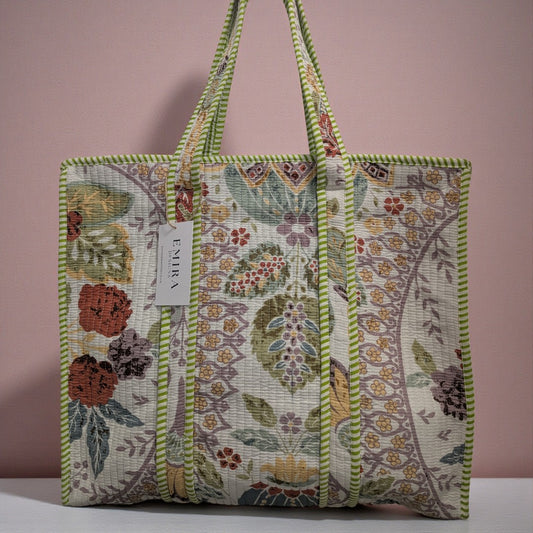 Lime Green & White Multicolour Print Hand Block Printed Cotton Tote Bag