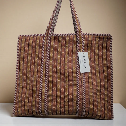 Dusky Pink & Mustard Hand Block Printed Cotton Tote Bag
